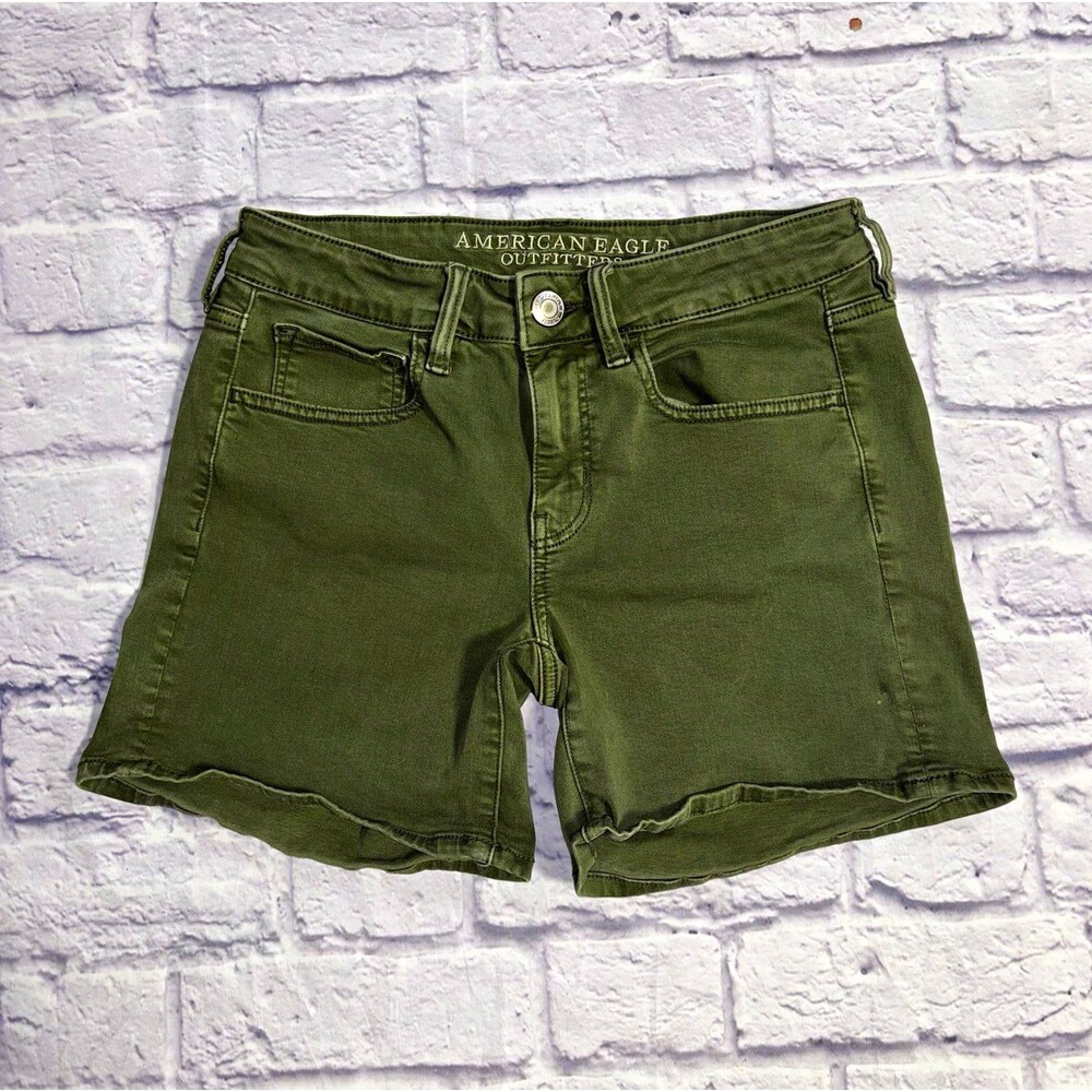American Eagle Outfitters Midi Mid Rise Green Cut Off Stretch Shorts Womens 6